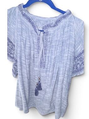 Kyla Seo Light Blue Peasant Blouse with Embroidered Sleeves and Tassel Tie